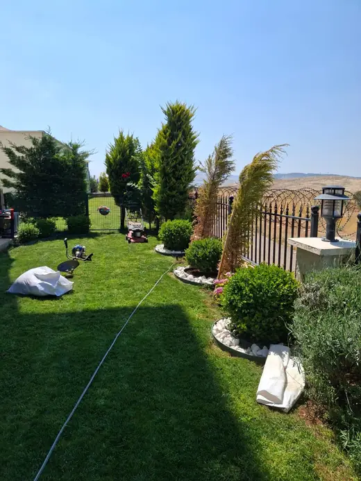 Şahinbey villa bahçesinde rulo çim bakımı ve beyaz çakıl malçlı ada tarhlarda şimşir, gül ve lavanta